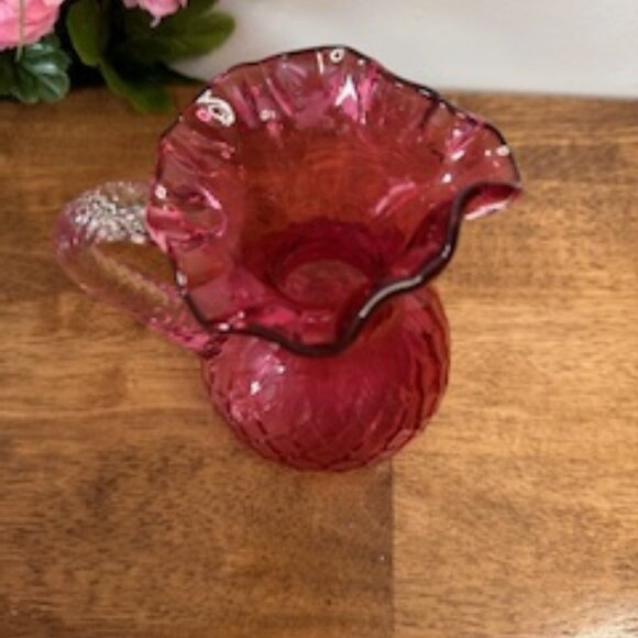 Vintage Cranberry Diamond Quilted Glass Pitcher Hand Blown Ruby Red Jug - Picture 4 of 4